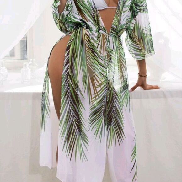 Tropical Leaf Print Swim Cover-Up XL - Picture 4 of 6